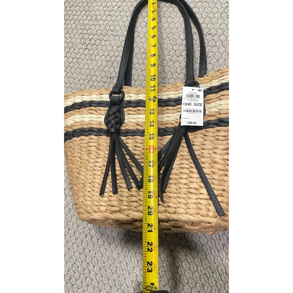 Style & Co $99 Large Straw Tote Black Faux Leather Handles - Picture 9 of 10
